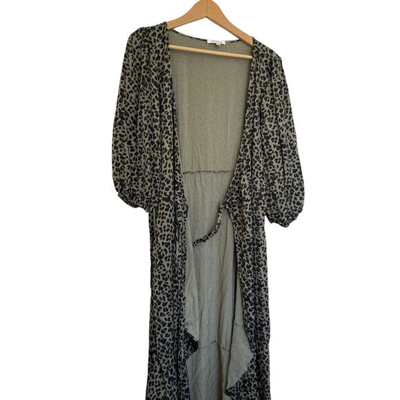 Good American Leopard Wrap Dress 5 XXL Military Green High Low Hem Puff Sleeve - Picture 6 of 12